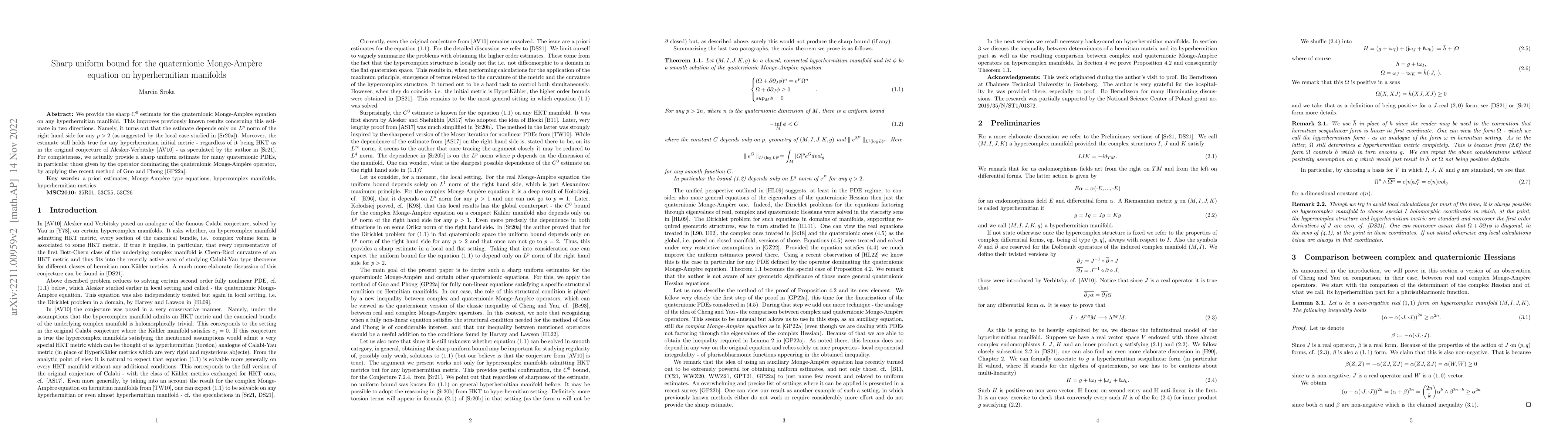 Thumbnail for Sharp uniform bound for the quaternionic Monge-Ampere equation on
  hyperhermitian manifolds