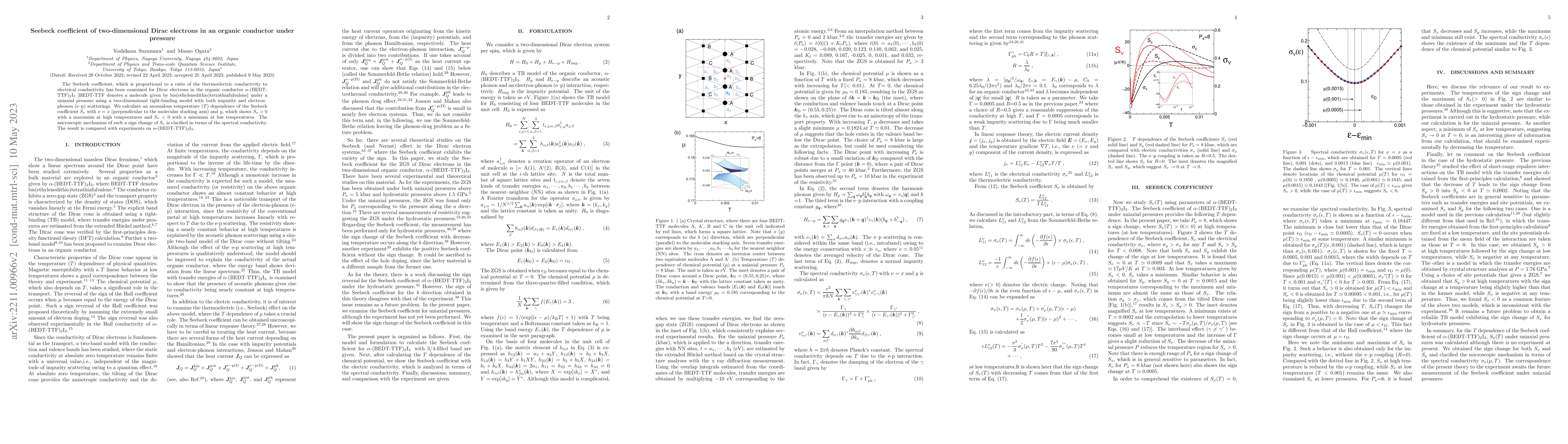Thumbnail for Seebeck Coefficient of Two-dimensional Dirac Electrons in Organic
  Conductor under Pressure