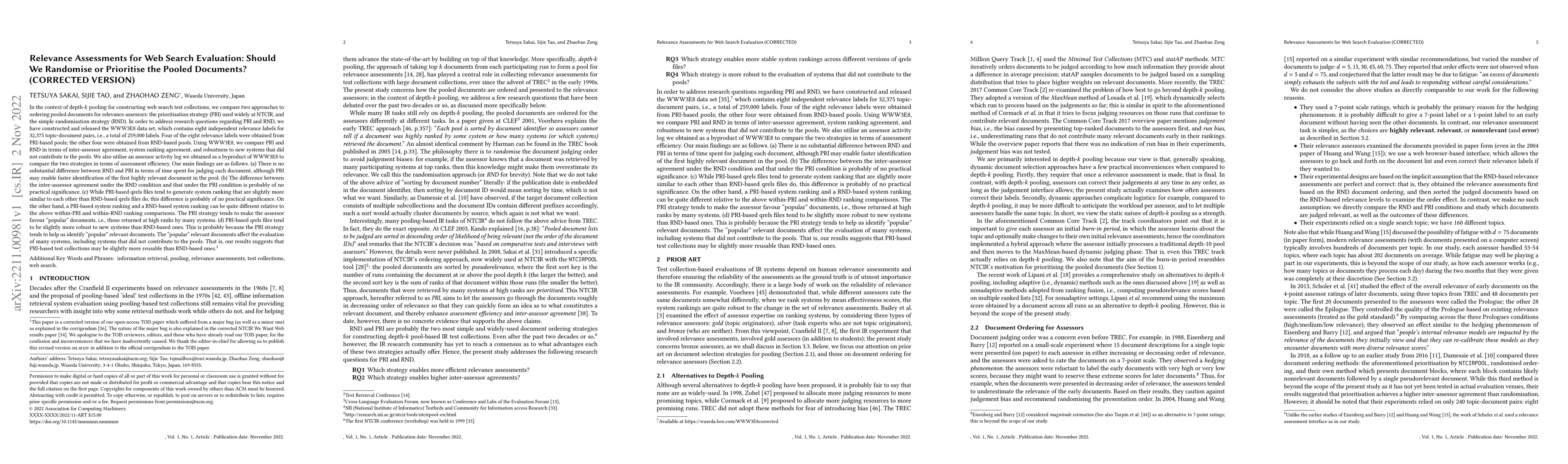 Thumbnail for Relevance Assessments for Web Search Evaluation: Should We Randomise or
  Prioritise the Pooled Documents? (CORRECTED VERSION)