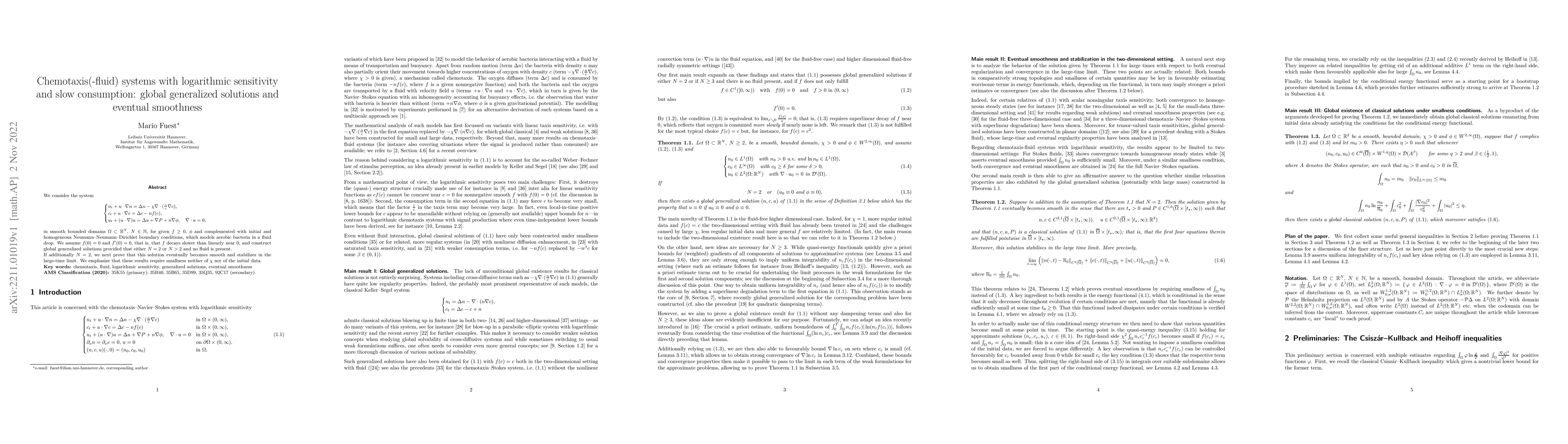 Thumbnail for Chemotaxis(-fluid) systems with logarithmic sensitivity and slow
  consumption: global generalized solutions and eventual smoothness