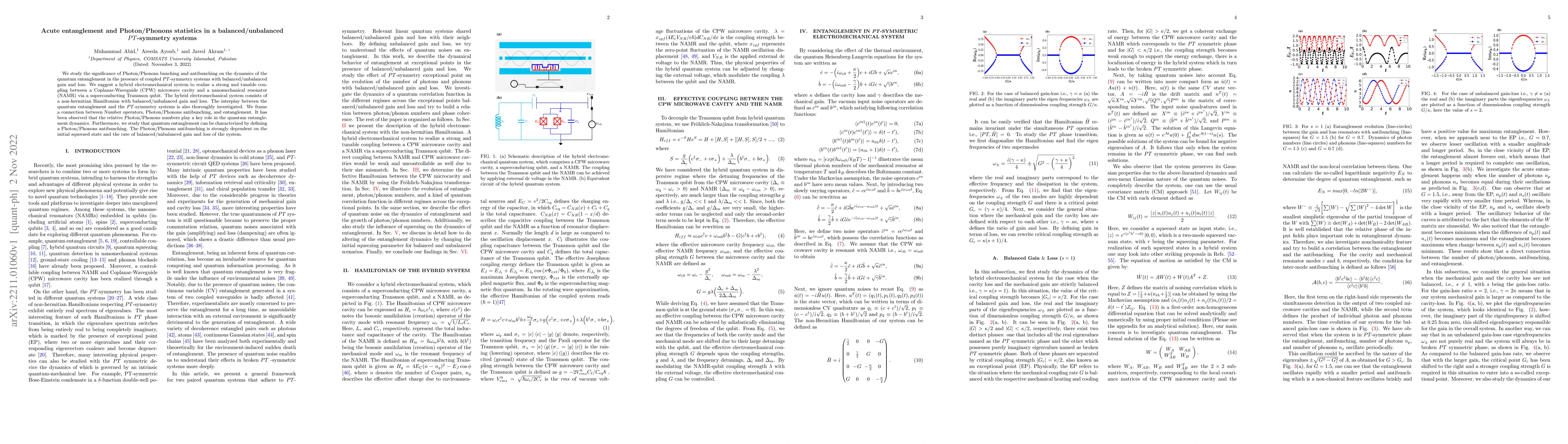 Thumbnail for Acute entanglement and Photon/Phonons statistics in a
  balanced/unbalanced PT-symmetry systems
