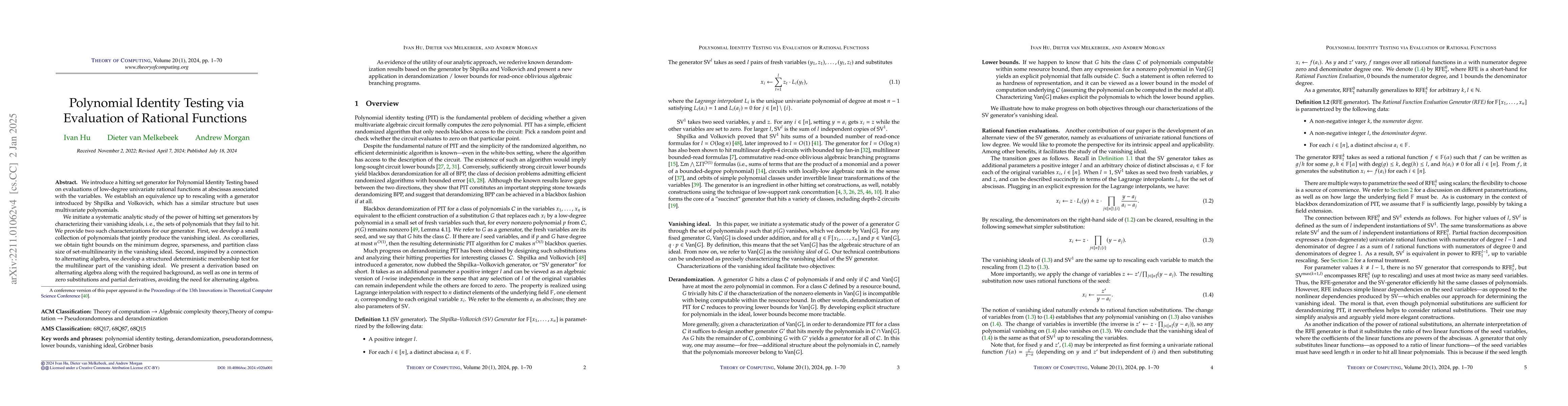 Thumbnail for Polynomial Identity Testing via Evaluation of Rational Functions