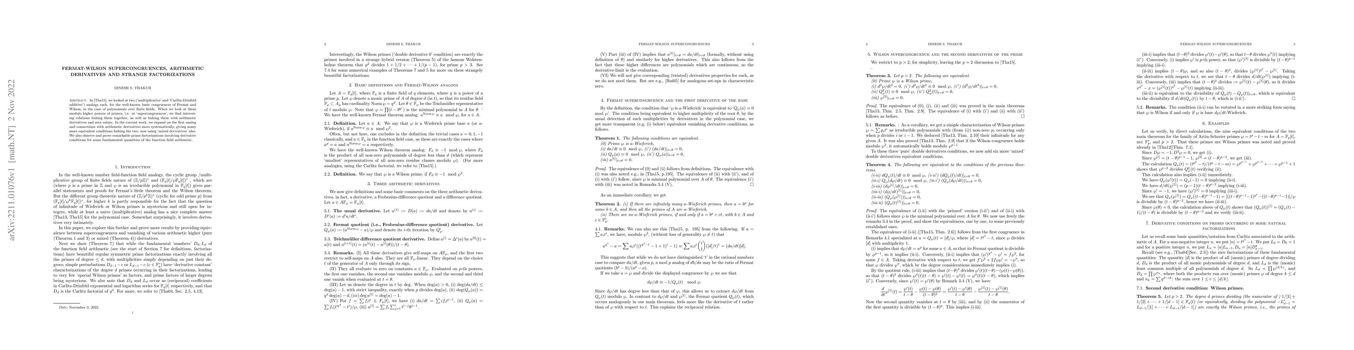 Thumbnail for Fermat-Wilson Supercongruences, arithmetic derivatives and strange
  factorizations