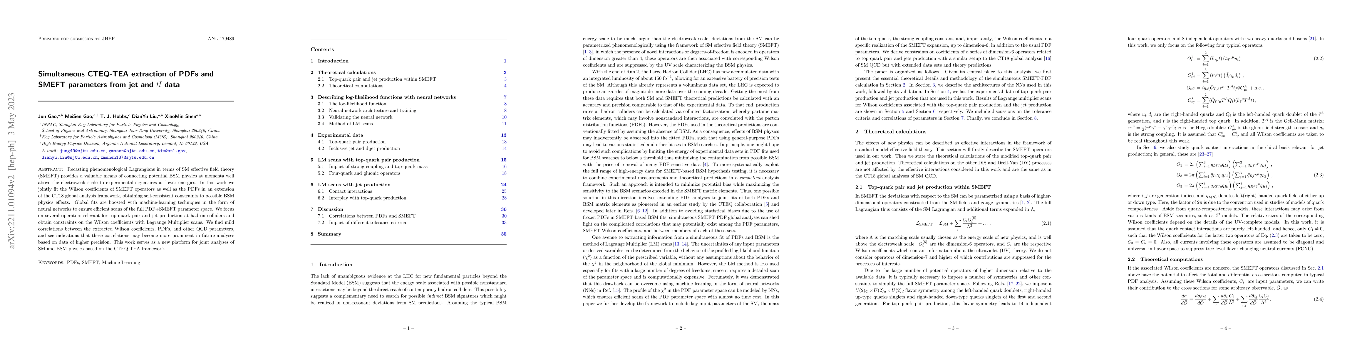 Thumbnail for Simultaneous CTEQ-TEA extraction of PDFs and SMEFT parameters from jet
  and $t{\bar t}$ data