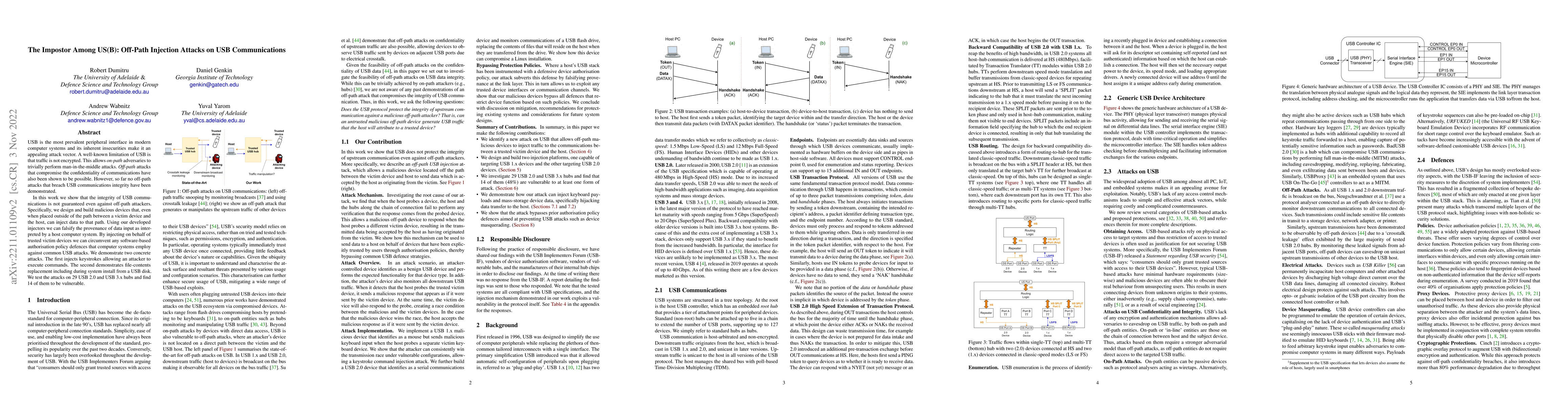 Thumbnail for The Impostor Among US(B): Off-Path Injection Attacks on USB
  Communications