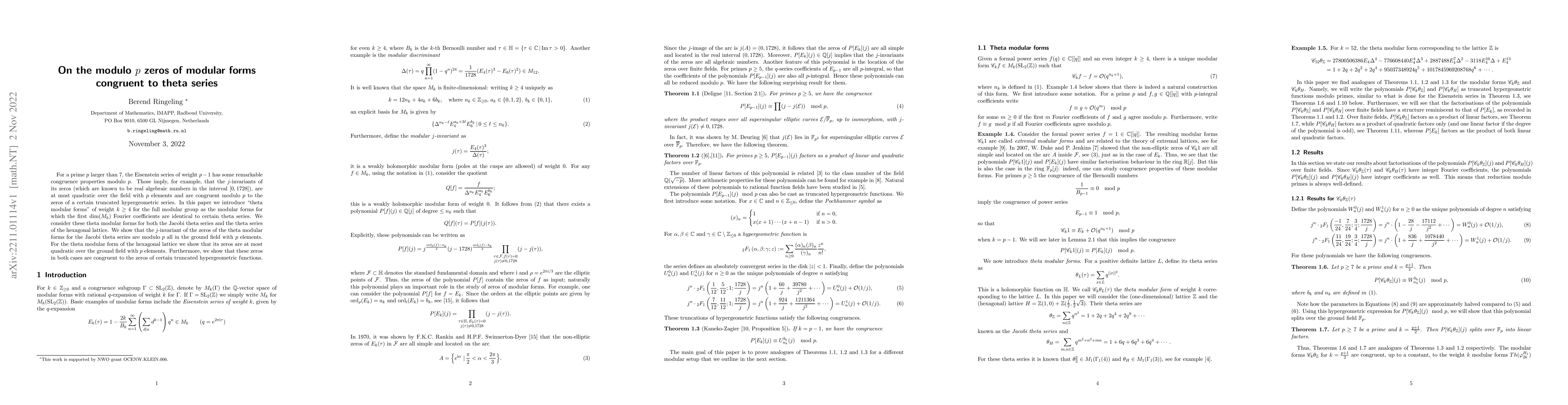 Thumbnail for On the modulo $p$ zeros of modular forms congruent to theta series