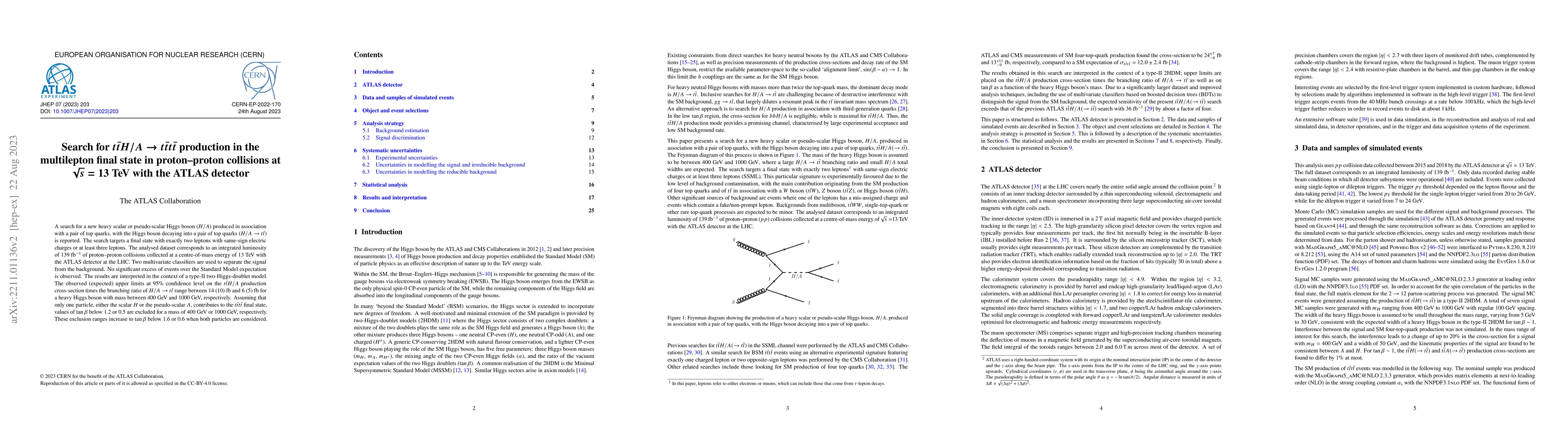 Thumbnail for Search for $t\bar tH/A \rightarrow t\bar tt\bar t$ production in the
  multilepton final state in proton-proton collisions at $\sqrt{s} = 13$ TeV
  with the ATLAS detector