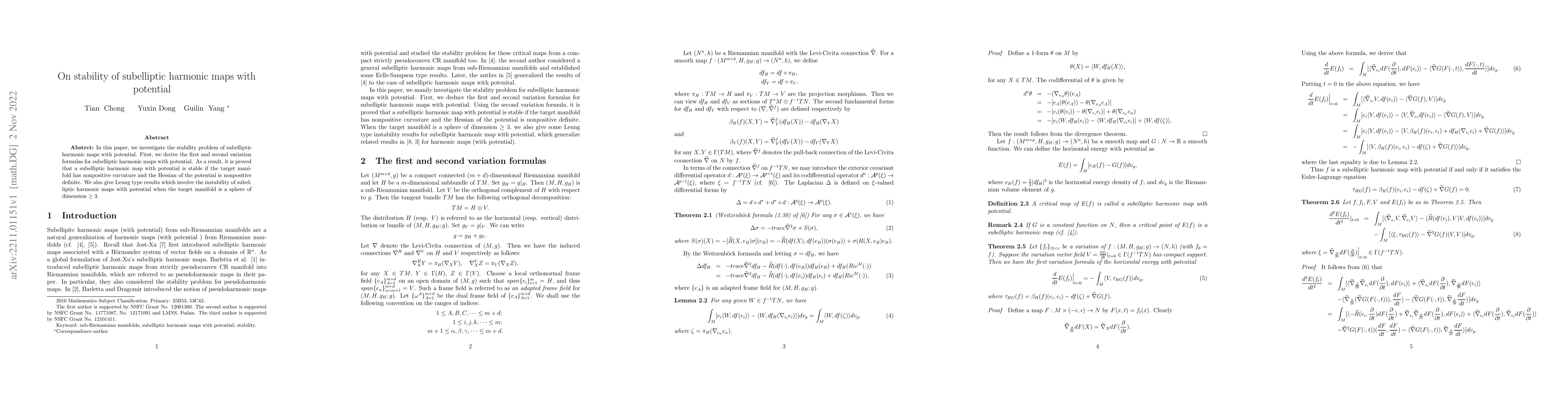 Thumbnail for On stability of subelliptic harmonic maps with potential