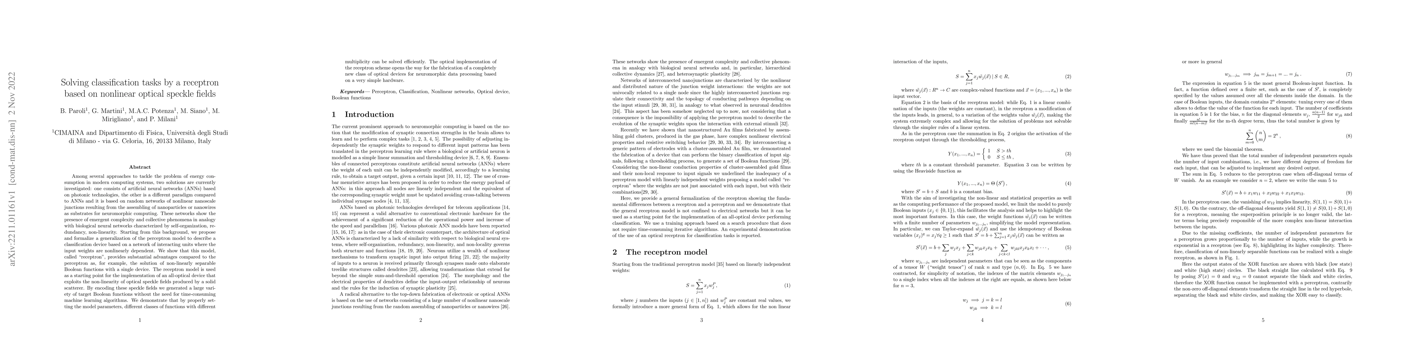 Thumbnail for Solving classification tasks by a receptron based on nonlinear optical
  speckle fields