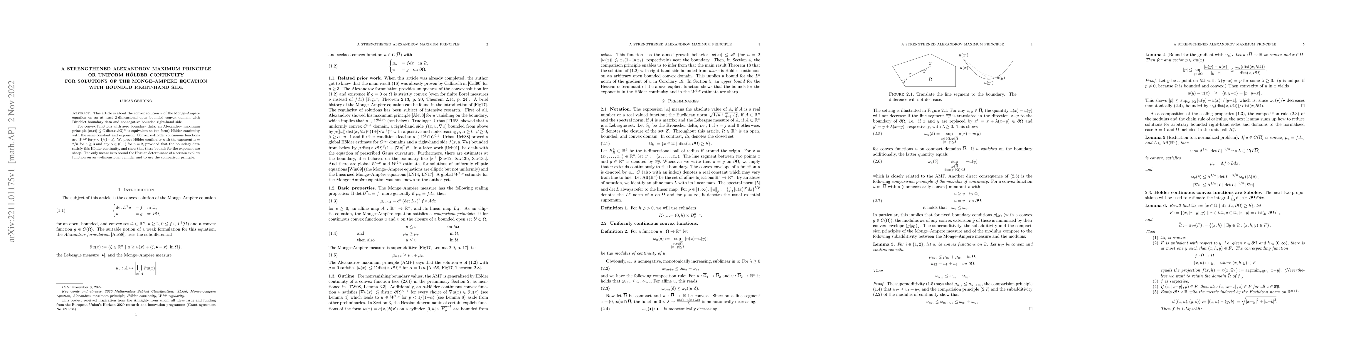 Thumbnail for A Strengthened Alexandrov Maximum Principle or Uniform H\"older
  Continuity for Solutions of the Monge--Amp\`ere Equation with Bounded
  Right-Hand Side