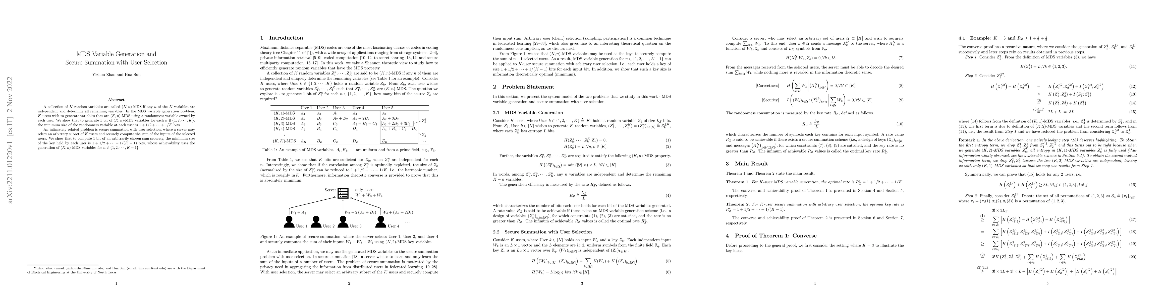 Thumbnail for MDS Variable Generation and Secure Summation with User Selection