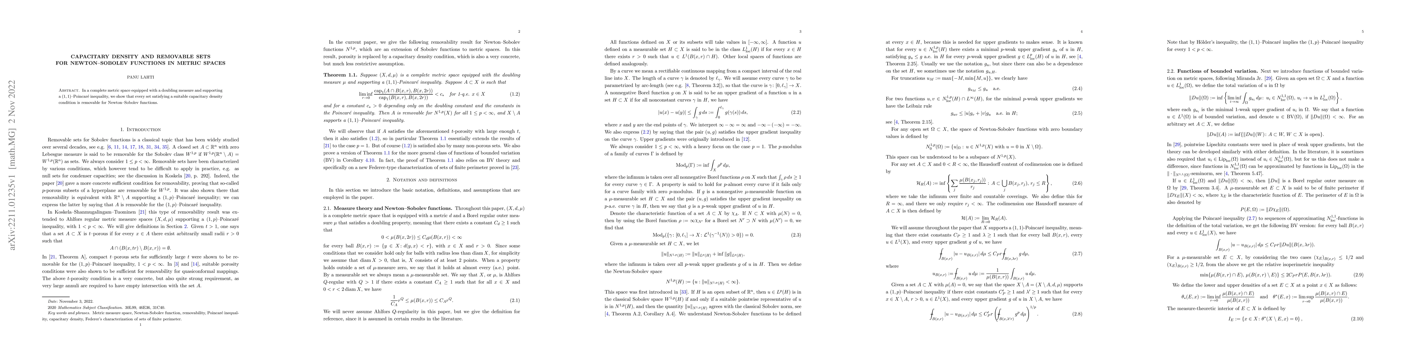 Thumbnail for Capacitary density and removable sets for Newton-Sobolev functions in
  metric spaces
