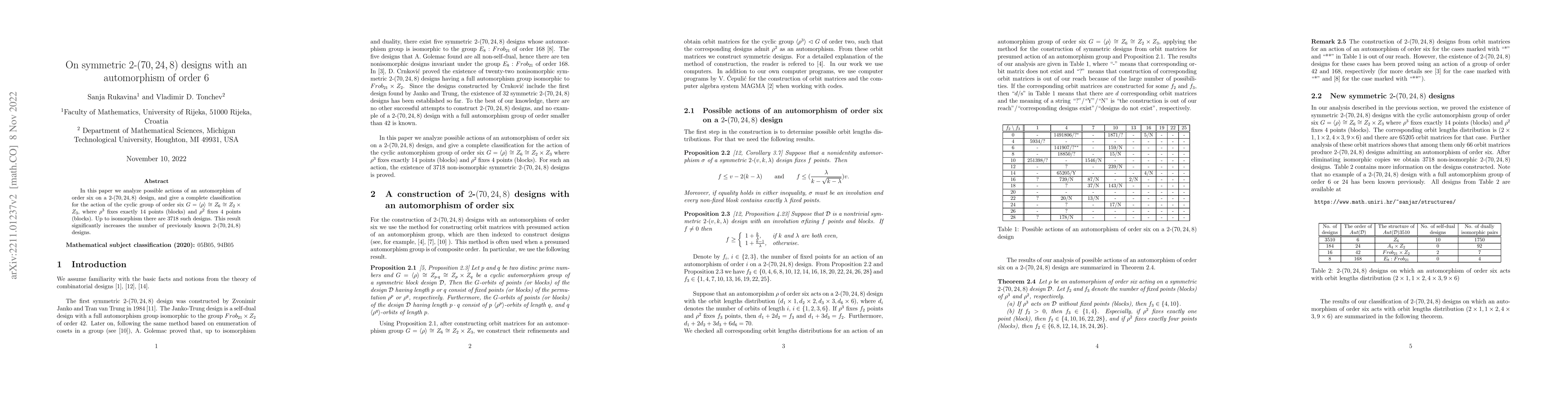 Thumbnail for On symmetric 2-(70,24,8) designs with an automorphism of order 6