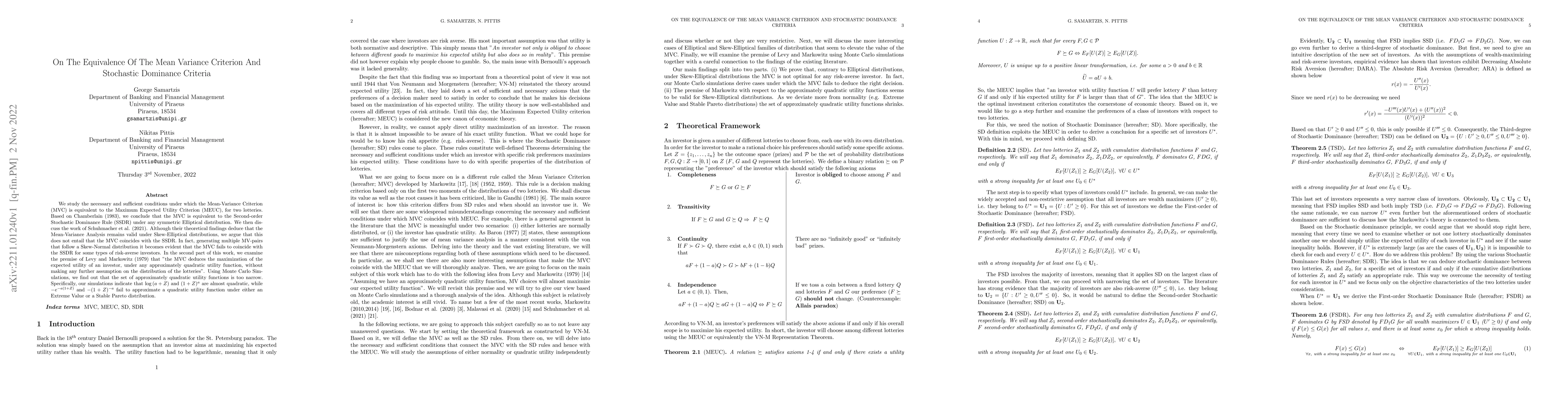 Thumbnail for On The Equivalence Of The Mean Variance Criterion And Stochastic
  Dominance Criteria