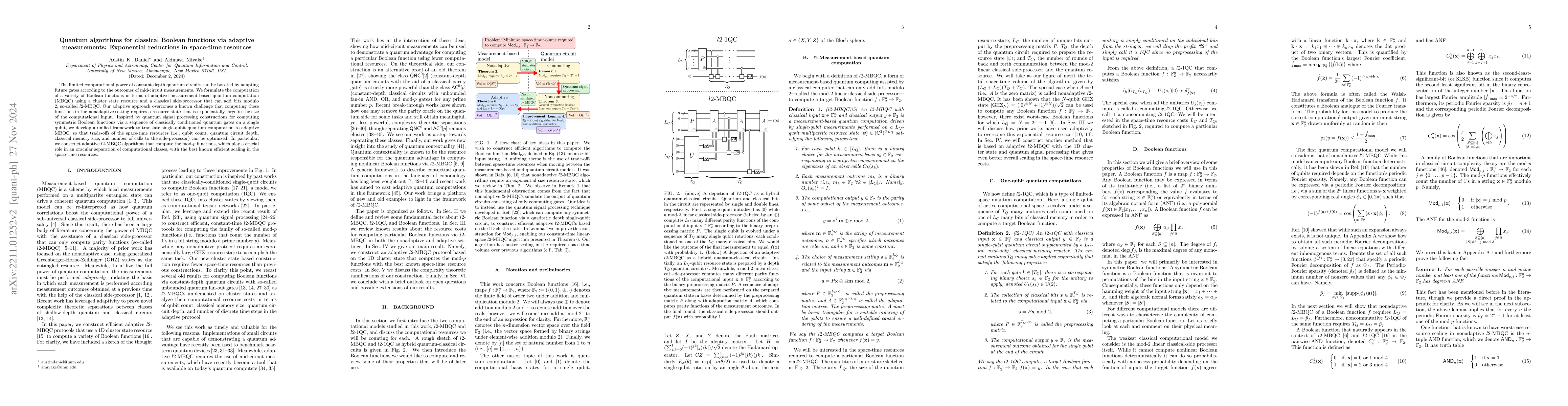 Thumbnail for Quantum algorithms for classical Boolean functions via adaptive
  measurements: Exponential reductions in space-time resources