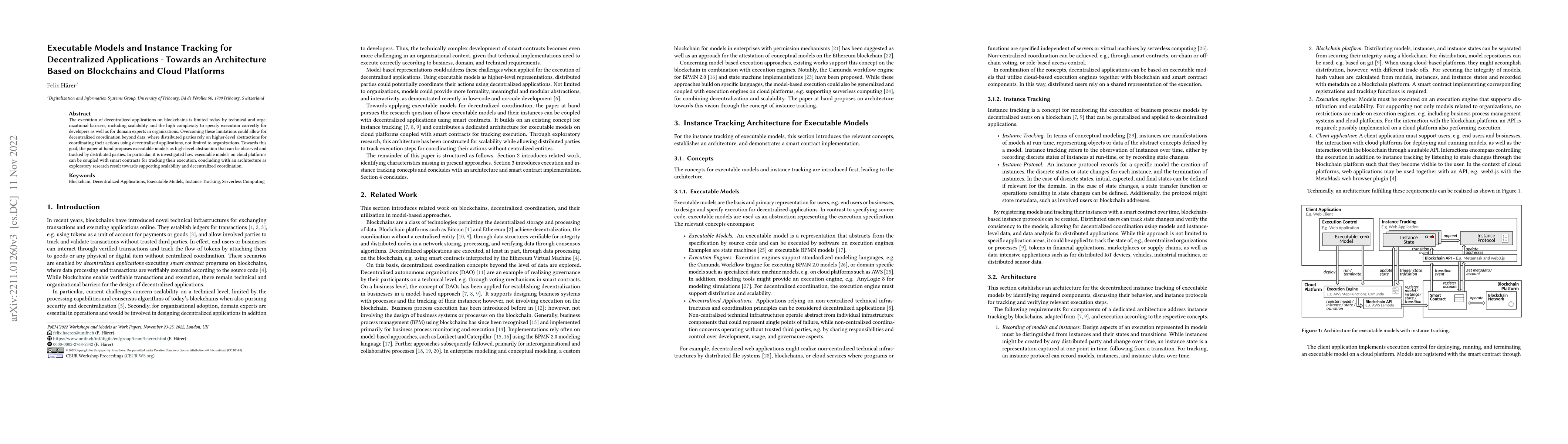 Thumbnail for Executable Models and Instance Tracking for Decentralized Applications
  -- Towards an Architecture Based on Blockchains and Cloud Platforms