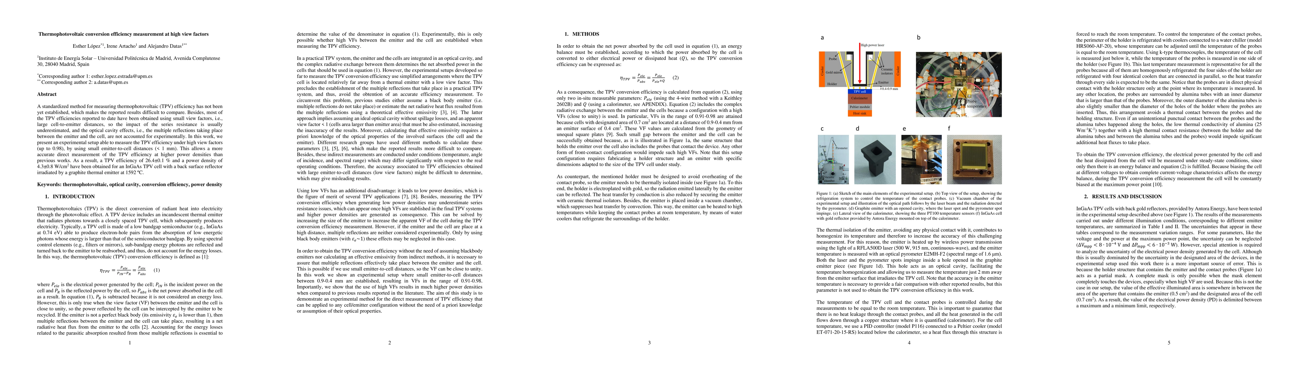 Thumbnail for Thermophotovoltaic conversion efficiency measurement at high view
  factors