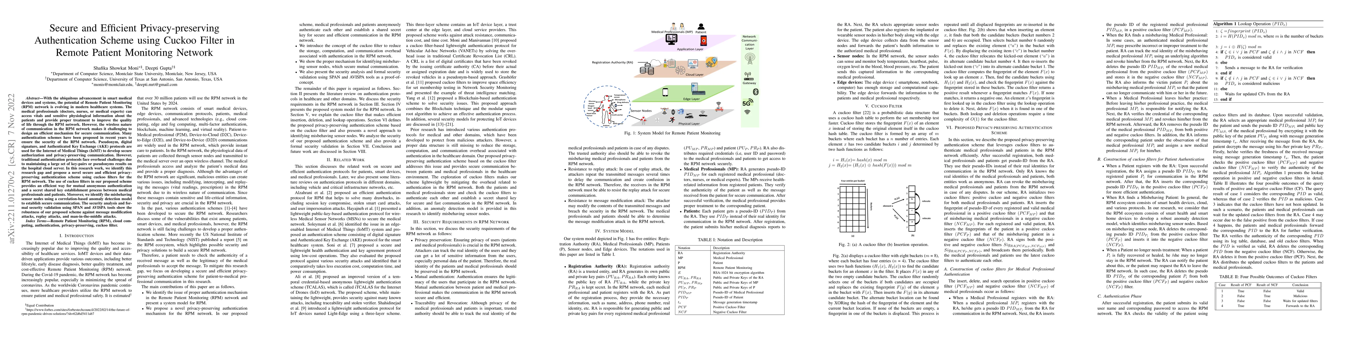Thumbnail for Secure and Efficient Privacy-preserving Authentication Scheme using
  Cuckoo Filter in Remote Patient Monitoring Network
