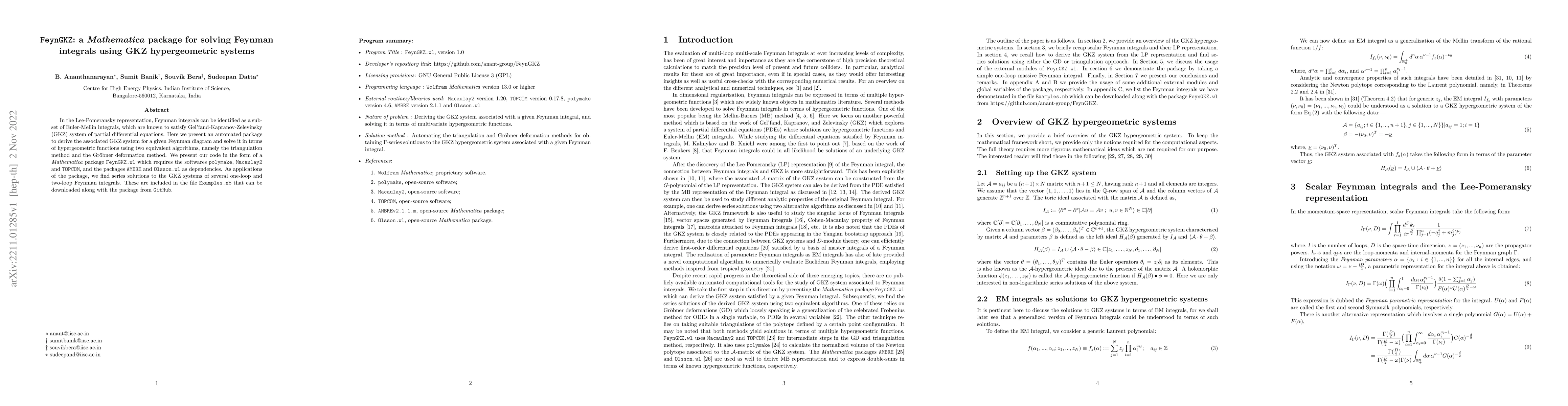 Thumbnail for FeynGKZ: a Mathematica package for solving Feynman integrals using GKZ
  hypergeometric systems