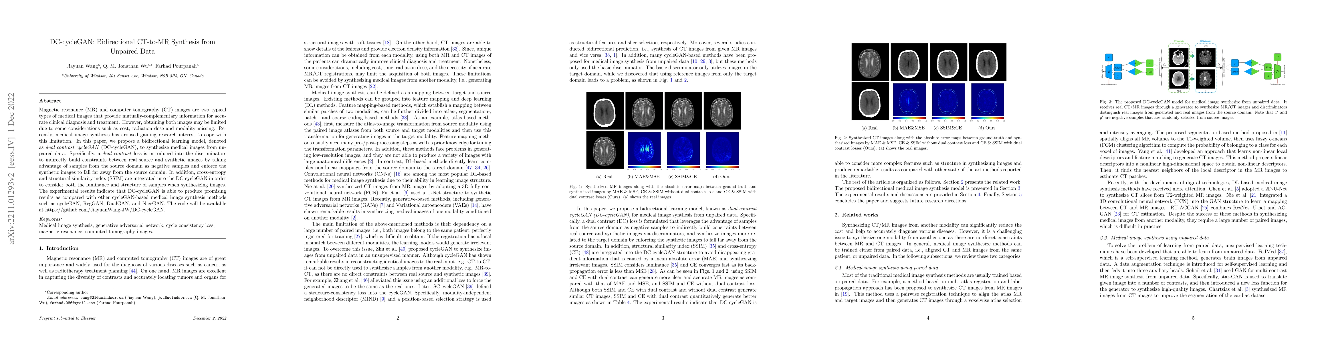 Thumbnail for DC-cycleGAN: Bidirectional CT-to-MR Synthesis from Unpaired Data