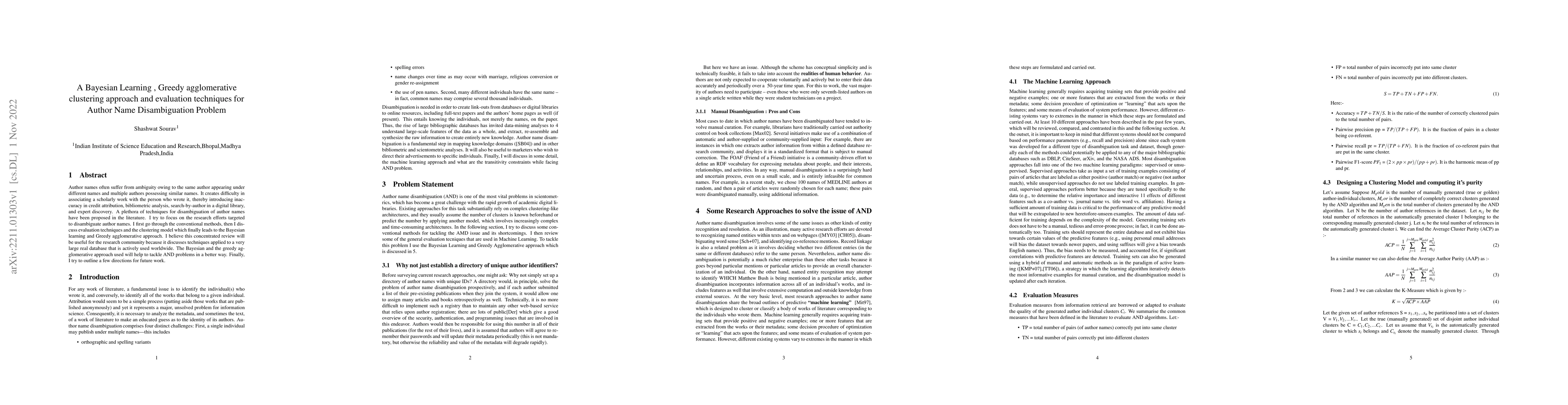 Thumbnail for A Bayesian Learning, Greedy agglomerative clustering approach and
  evaluation techniques for Author Name Disambiguation Problem