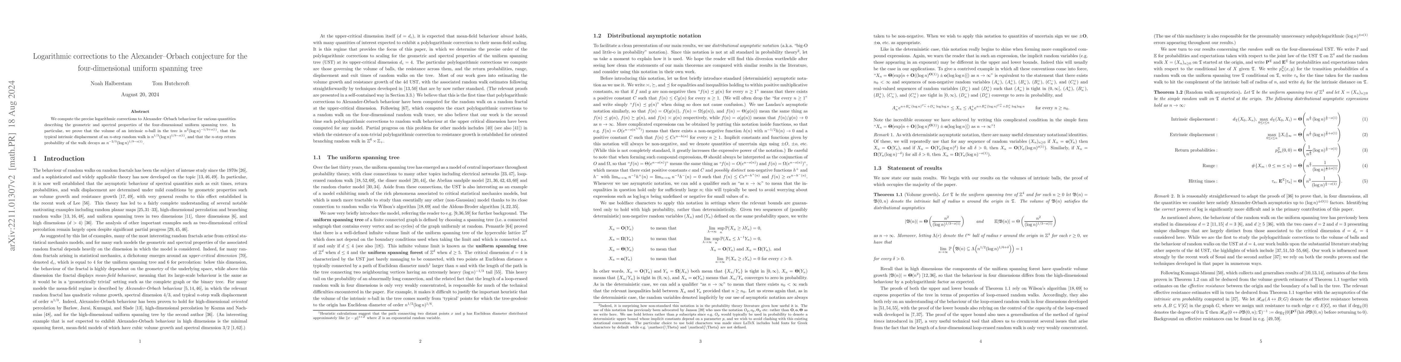 Thumbnail for Logarithmic corrections to the Alexander-Orbach conjecture for the
  four-dimensional uniform spanning tree