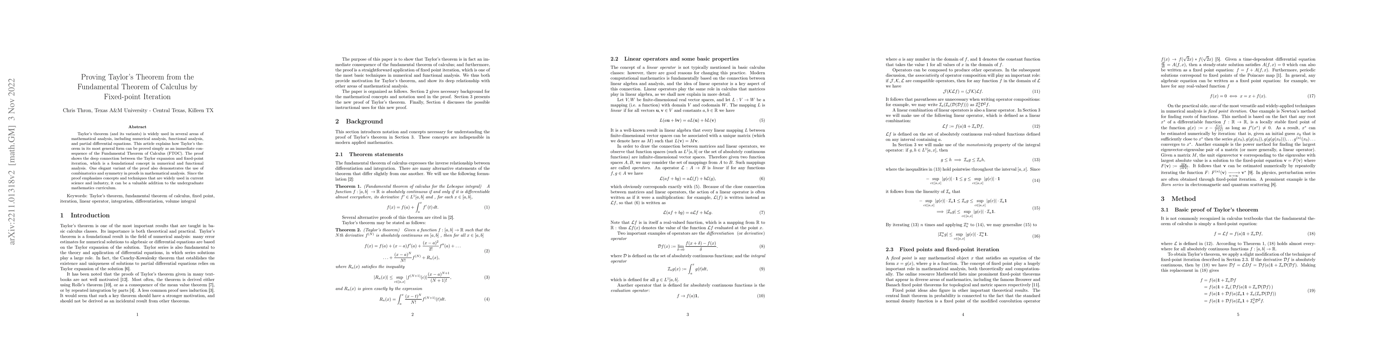 Thumbnail for Proving Taylor's Theorem from the Fundamental Theorem of Calculus by
  Fixed-point Iteration