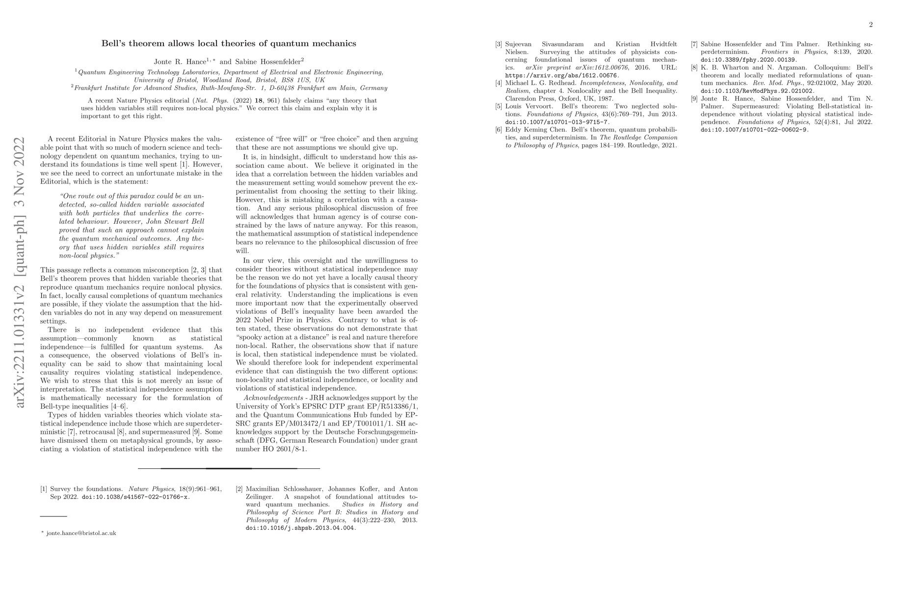 Thumbnail for Bell's theorem allows local theories of quantum mechanics