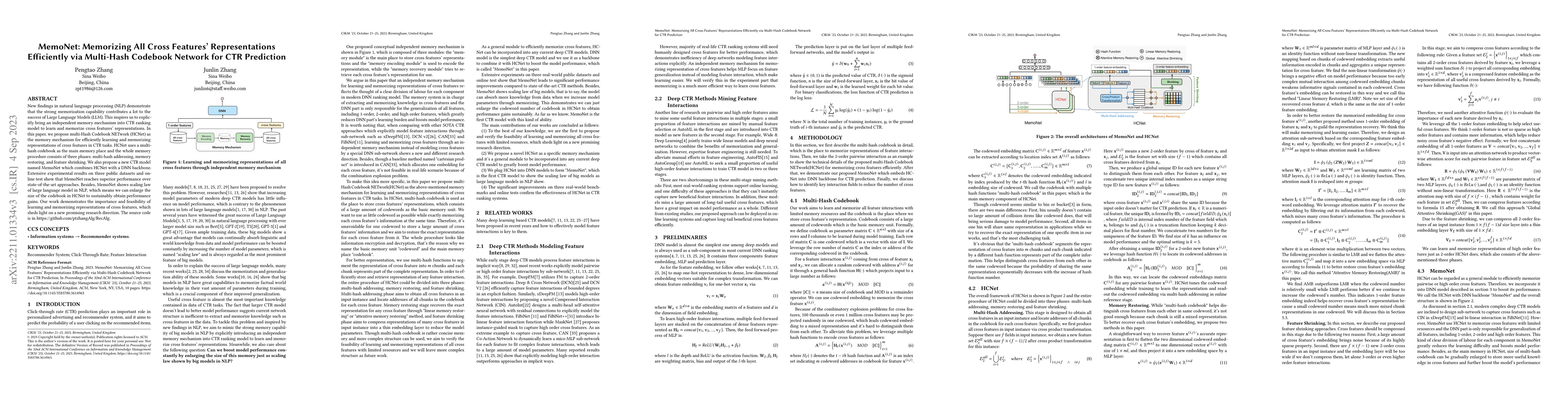 Thumbnail for MemoNet: Memorizing All Cross Features' Representations Efficiently via
  Multi-Hash Codebook Network for CTR Prediction
