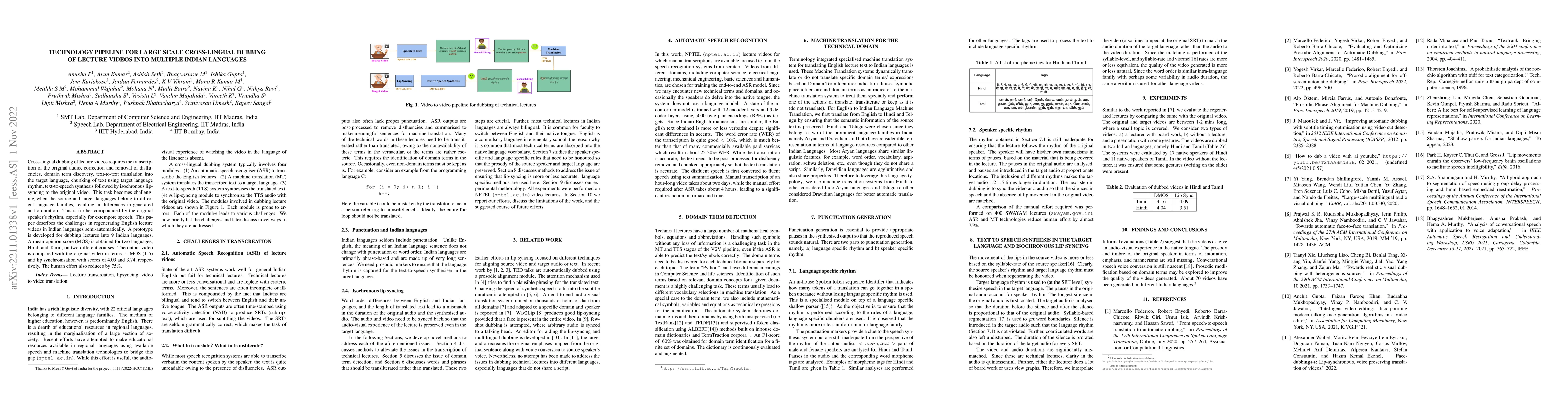 Thumbnail for Technology Pipeline for Large Scale Cross-Lingual Dubbing of Lecture
  Videos into Multiple Indian Languages
