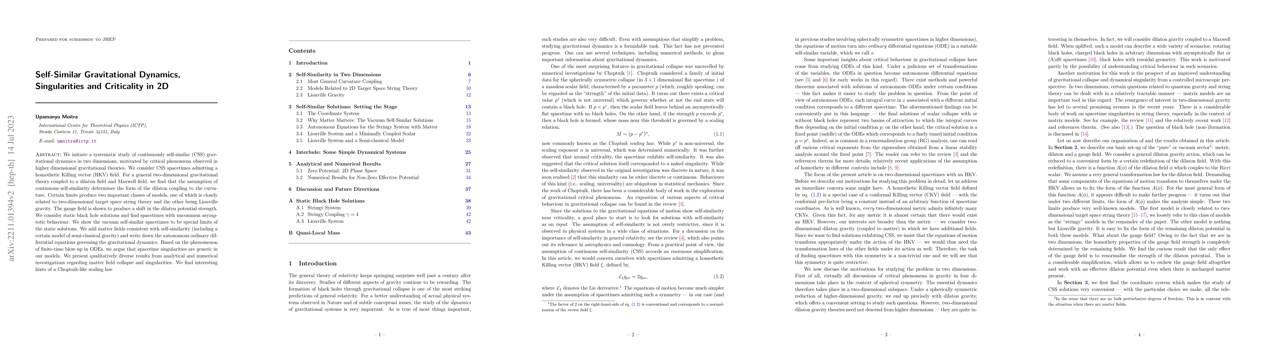 Thumbnail for Self-Similar Gravitational Dynamics, Singularities and Criticality in 2D