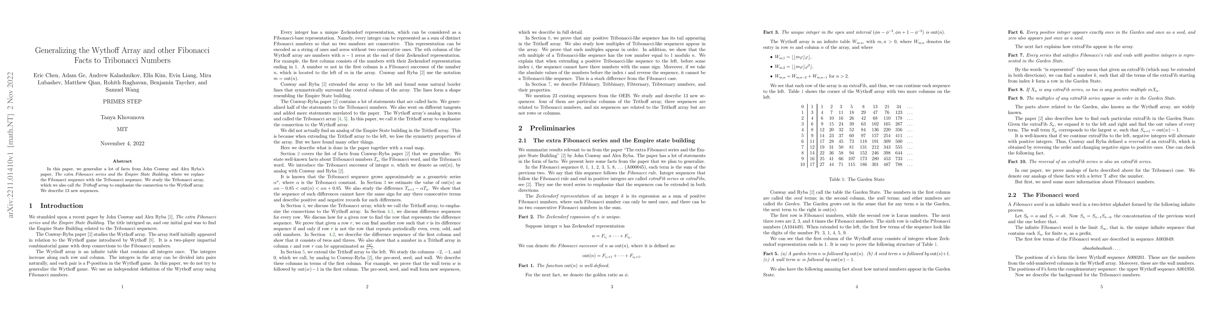 Thumbnail for Generalizing the Wythoff Array and other Fibonacci Facts to Tribonacci
  Numbers