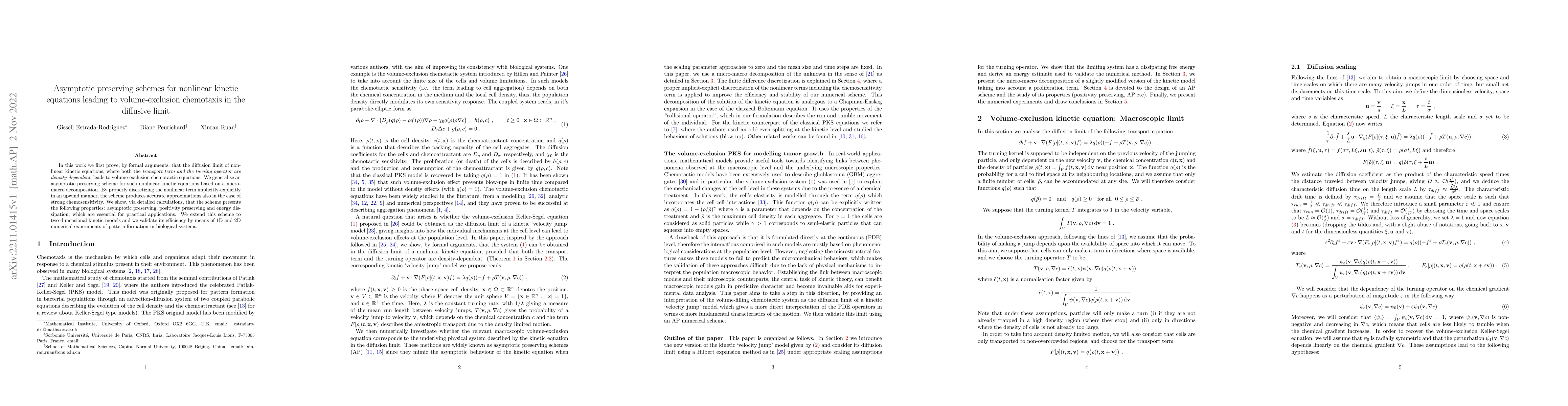 Thumbnail for Asymptotic preserving schemes for nonlinear kinetic equations leading to
  volume-exclusion chemotaxis in the diffusive limit