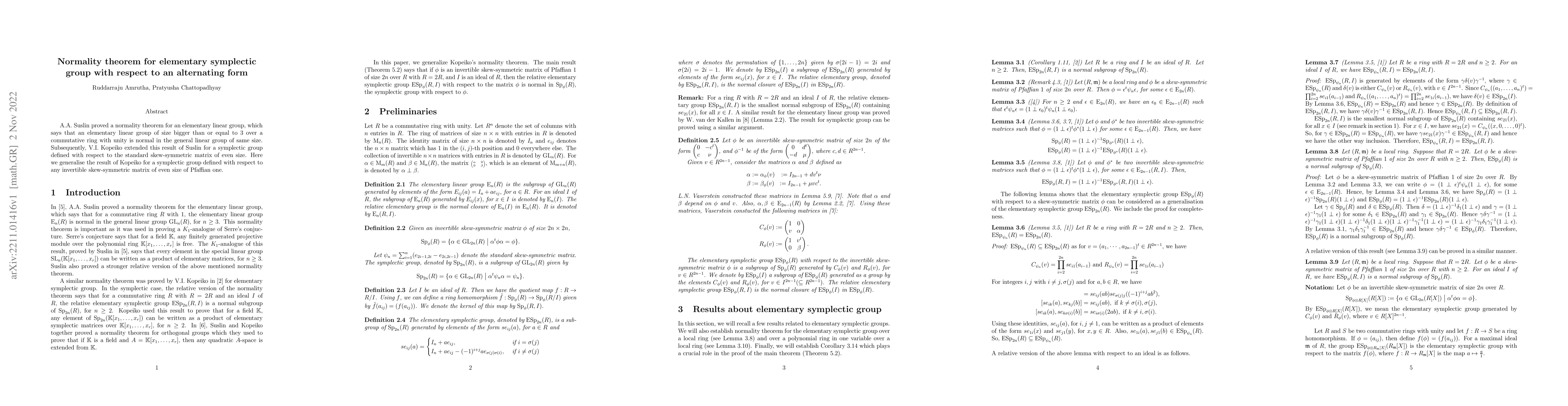 Thumbnail for Normality theorem for elementary symplectic group with respect to an
  alternating form