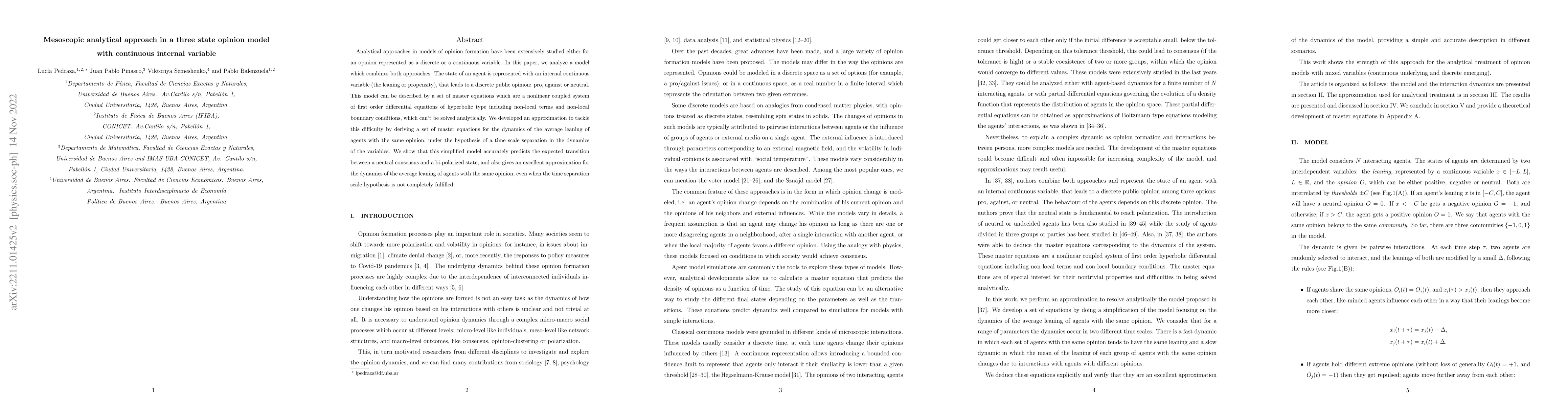 Thumbnail for Mesoscopic analytical approach in a three state opinion model with
  continuous internal variable