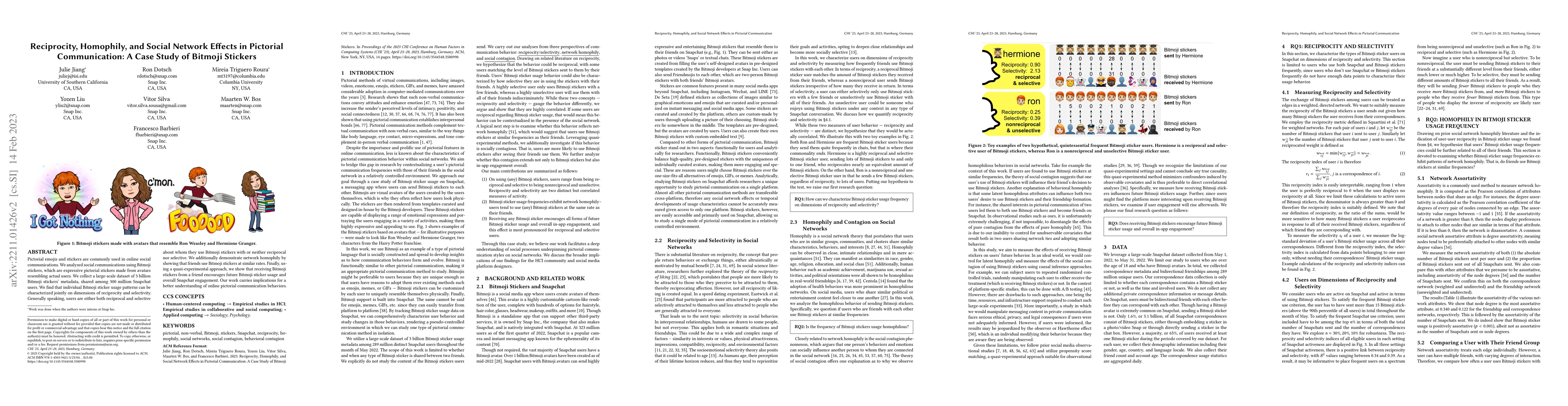 Thumbnail for Reciprocity, Homophily, and Social Network Effects in Pictorial
  Communication: A Case Study of Bitmoji Stickers