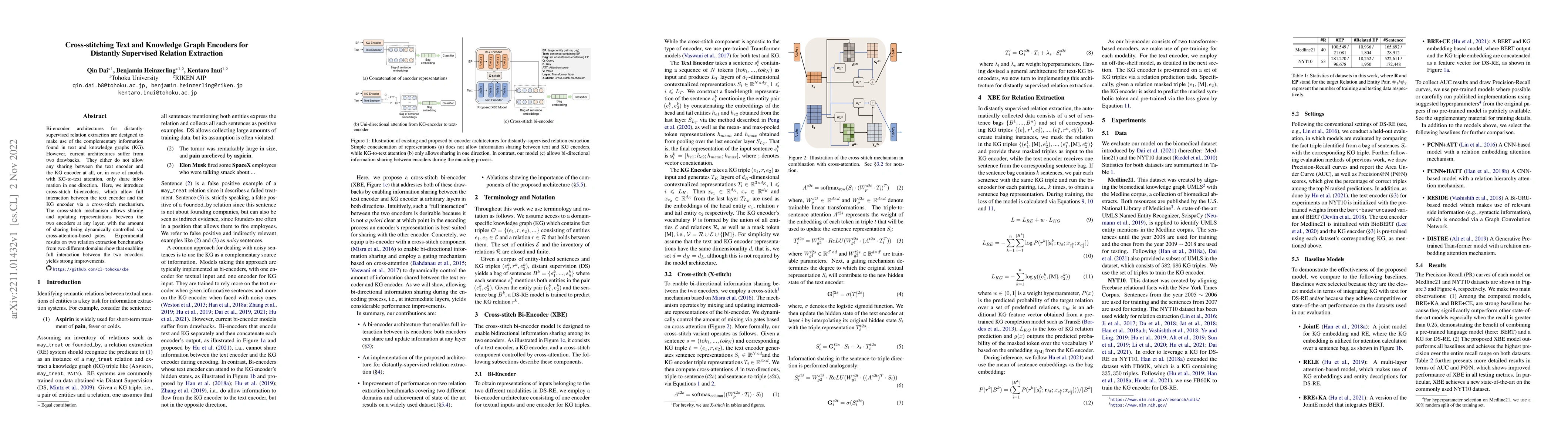 Thumbnail for Cross-stitching Text and Knowledge Graph Encoders for Distantly
  Supervised Relation Extraction