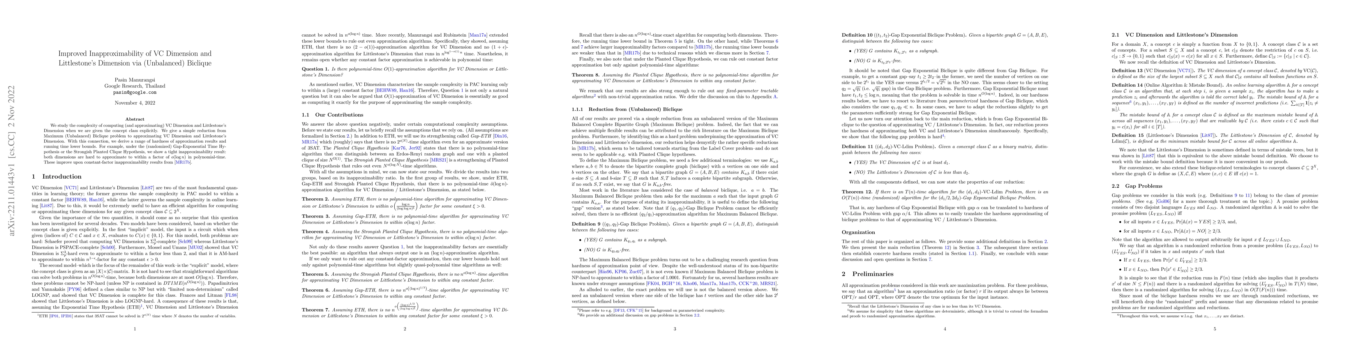 Thumbnail for Improved Inapproximability of VC Dimension and Littlestone's Dimension
  via (Unbalanced) Biclique