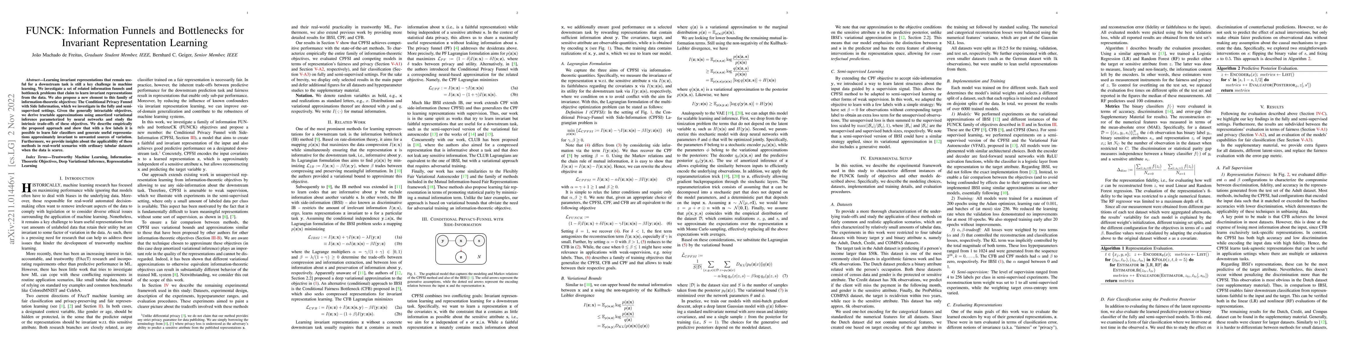 Thumbnail for FUNCK: Information Funnels and Bottlenecks for Invariant Representation
  Learning