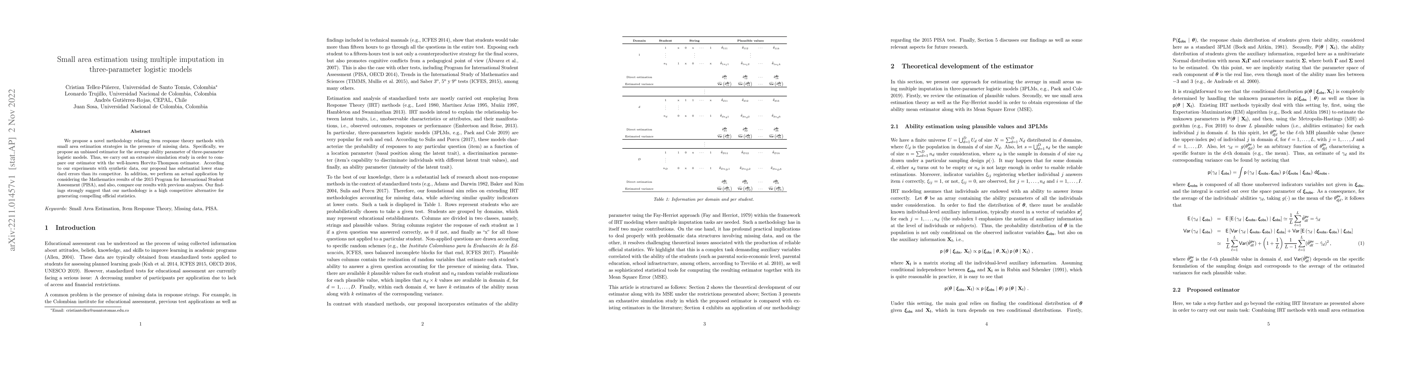 Thumbnail for Small area estimation using multiple imputation in three-parameter
  logistic models