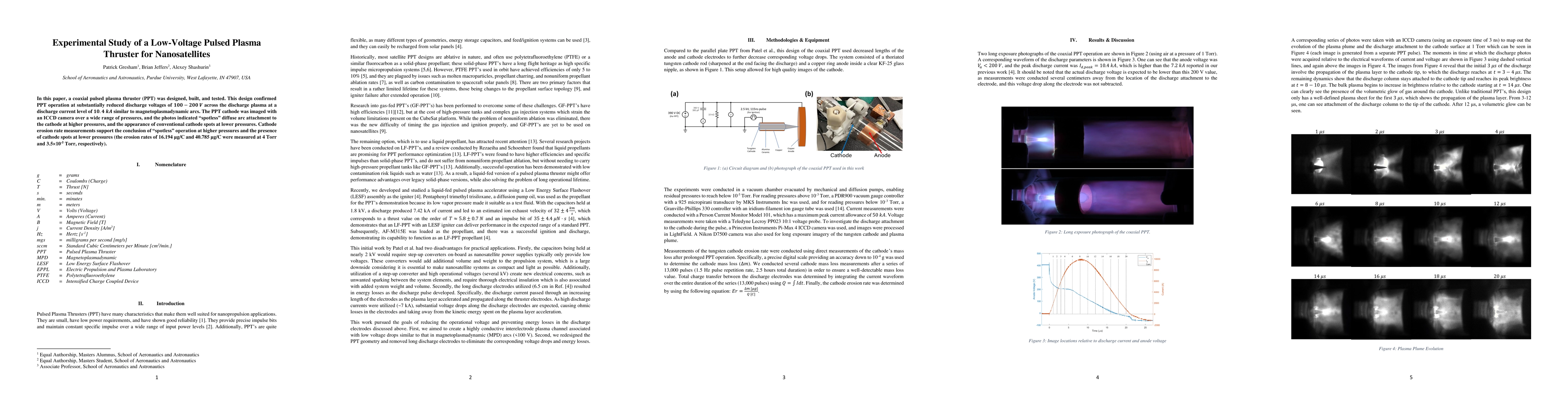 Thumbnail for Experimental Study of a Low-Voltage Pulsed Plasma Thruster for
  Nanosatellites