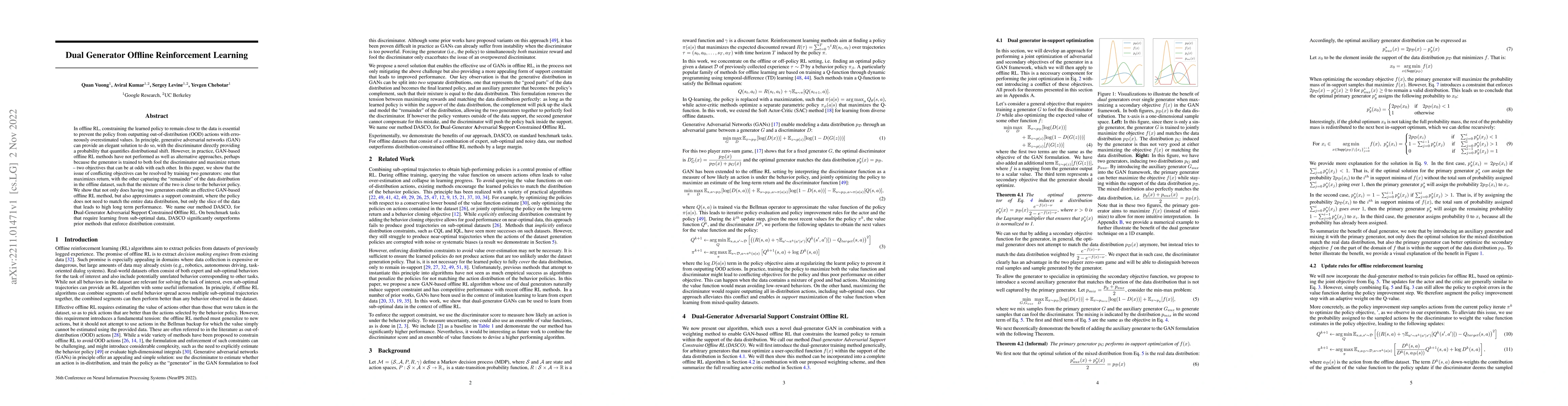 Thumbnail for Dual Generator Offline Reinforcement Learning