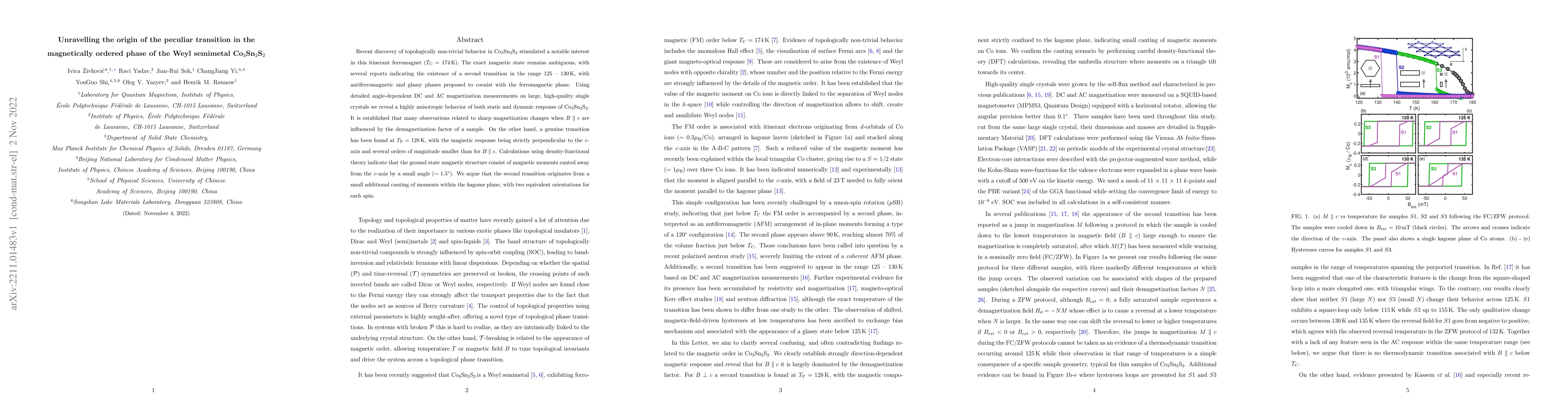 Thumbnail for Unravelling the origin of the peculiar transition in the magnetically
  ordered phase of the Weyl semimetal Co3Sn2S2