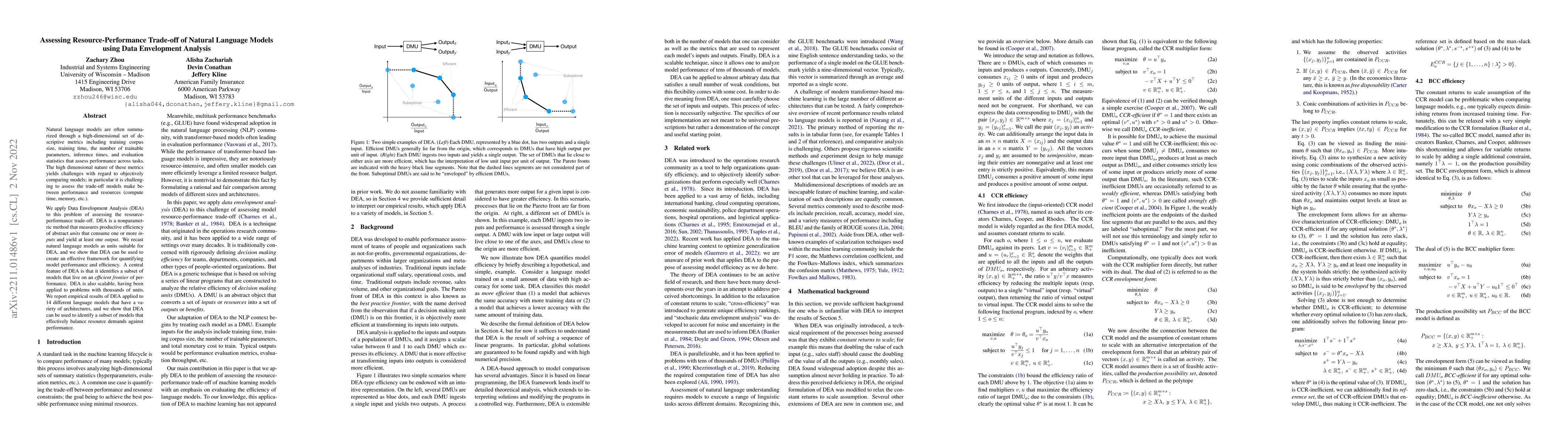 Thumbnail for Assessing Resource-Performance Trade-off of Natural Language Models
  using Data Envelopment Analysis