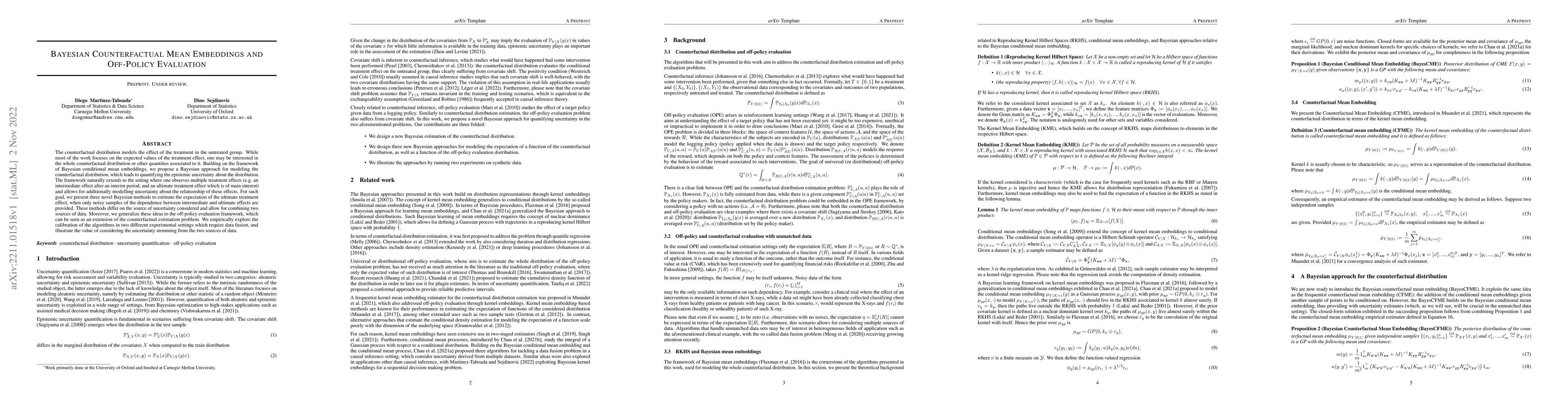 Thumbnail for Bayesian Counterfactual Mean Embeddings and Off-Policy Evaluation