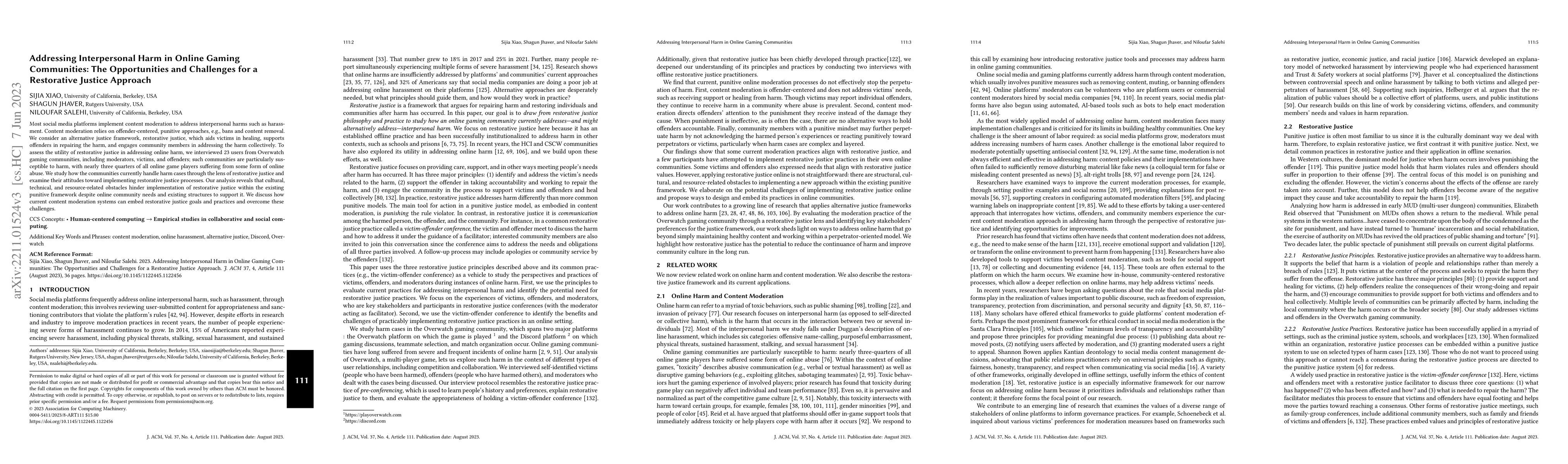 Thumbnail for Addressing interpersonal harm in online gaming communities: the
  opportunities and challenges for a restorative justice approach