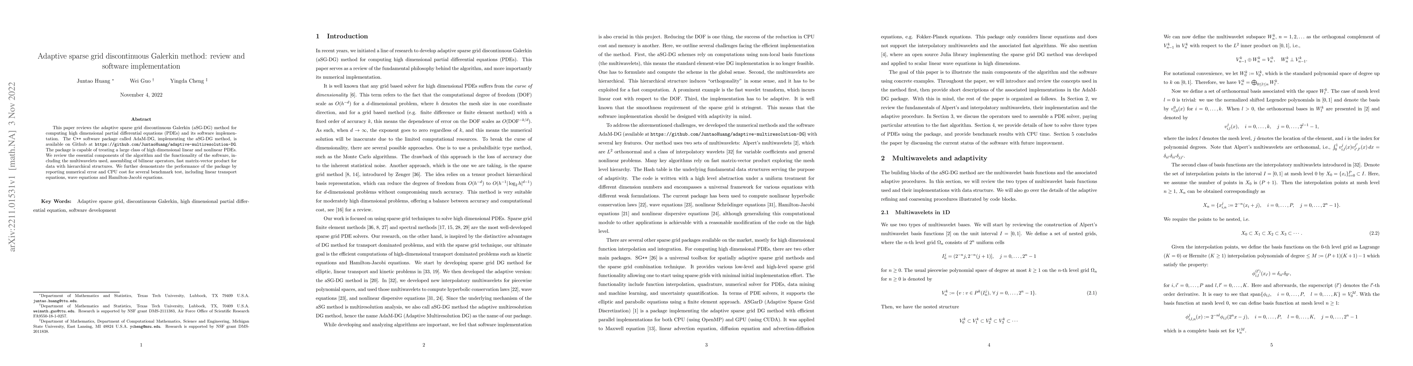 Thumbnail for Adaptive sparse grid discontinuous Galerkin method: review and software
  implementation