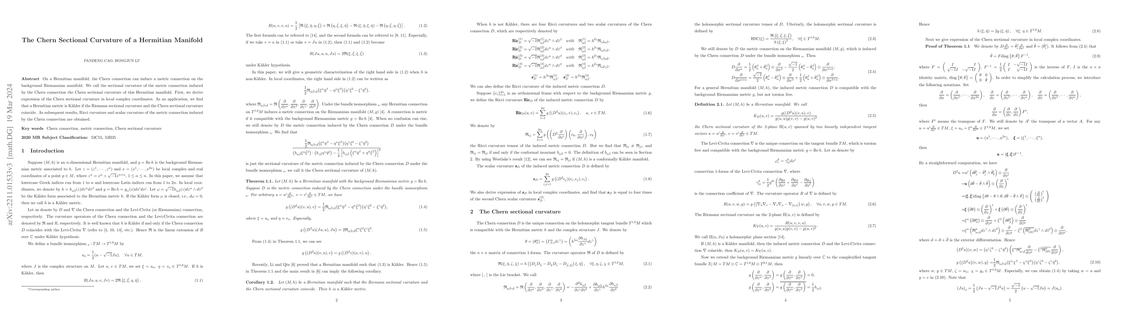 Thumbnail for The Chern Sectional Curvature of a Hermitian Manifold