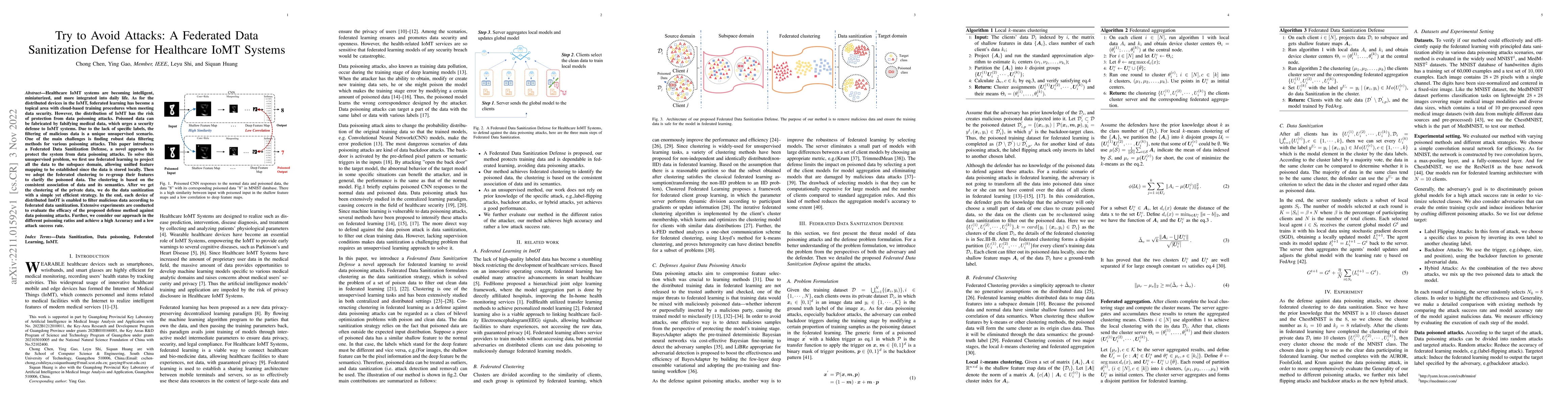 Thumbnail for Try to Avoid Attacks: A Federated Data Sanitization Defense for
  Healthcare IoMT Systems