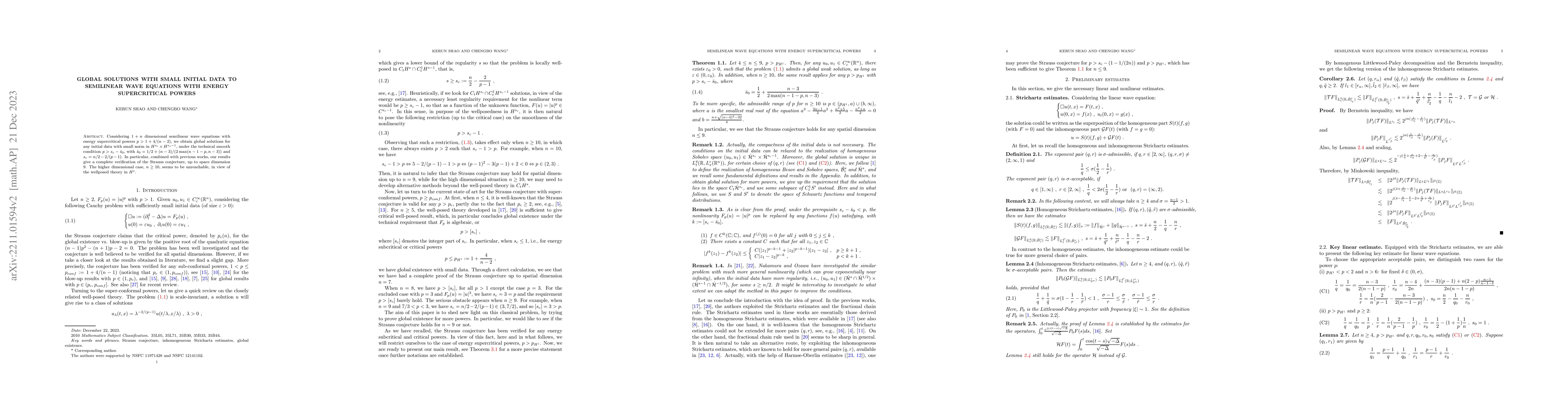Thumbnail for Global Solutions with Small Initial Data to Semilinear Wave Equations
  with Energy Supercritical Powers